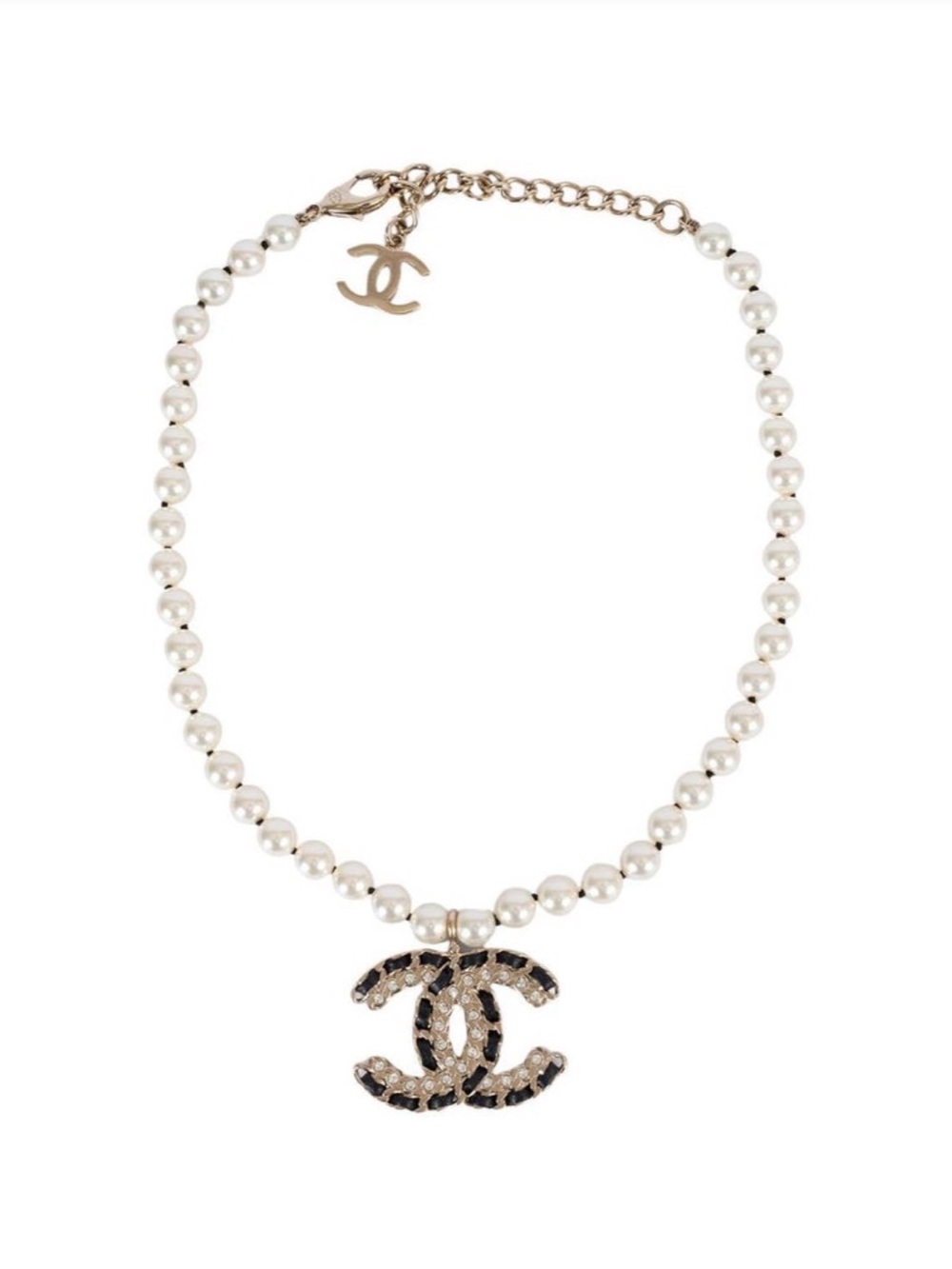CHANEL White Pearl Necklace with Gold-Tone 2020 CC Charm and Black Accent - 47cm